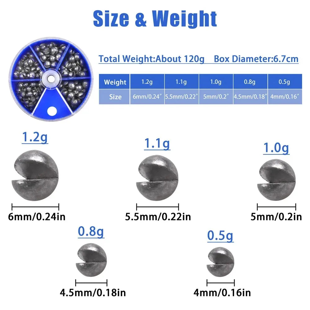 Round Split Shot Fishing Sinkers - 100g Box of 205pcs - Removable Weights for Jig Rigs