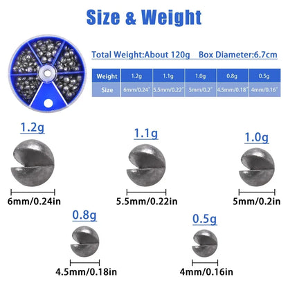 Round Split Shot Fishing Sinkers - 100g Box of 205pcs - Removable Weights for Jig Rigs