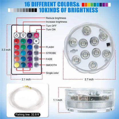 RGB LED Underwater Light - 10 LED Battery Powered Submersible Night Lamp for Swimming Pools, Gardens, Weddings & Party Decorations