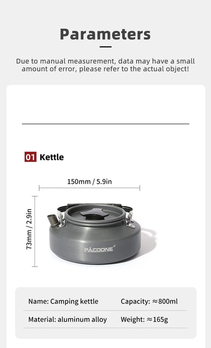 PACOONE Portable Camping Cookware Set - Complete Outdoor Cooking Kit with Pot, Kettle, Pan & Tableware for Hiking and Picnic