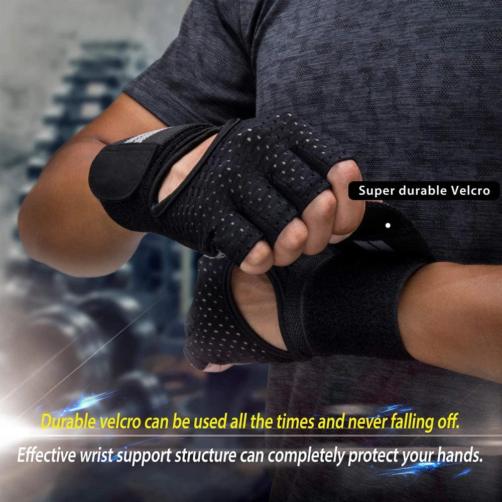 Half-Finger Workout Gloves with Wrist Support - Weight Lifting & Gym Training