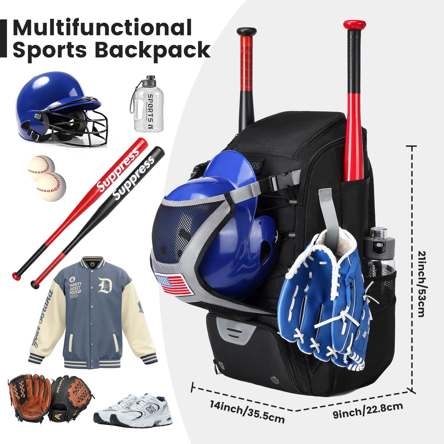 Youth Baseball Softball Backpack - Large Capacity Equipment Bag with Shoe Compartment