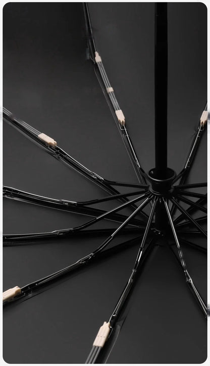 Extra Large 12-Rib Automatic Umbrella - Windproof Dual-Purpose Folding Rain & Sun Umbrella with Ring Buckle & Black Coating