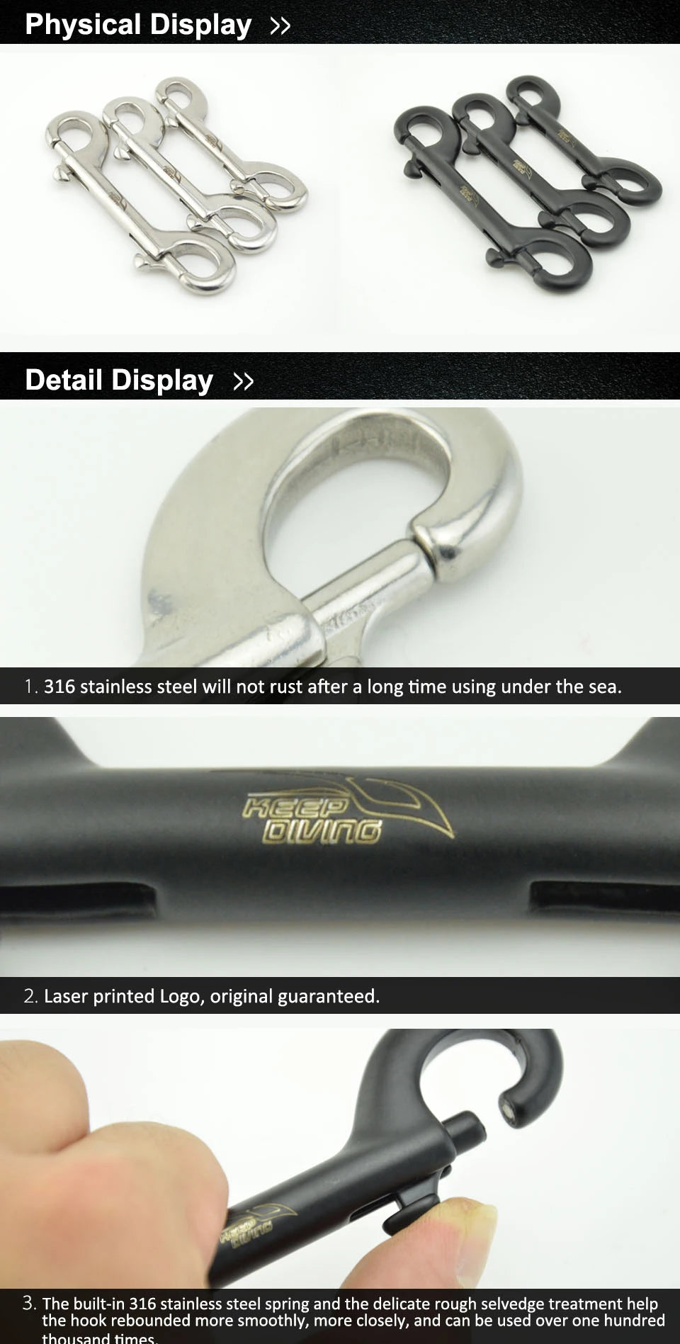 KEEP DIVING 316 Stainless Steel Double-Ended Scuba Diving Hook - BCD Equipment Accessory with Quick Draw Snap Bolt Kit (1 Piece)