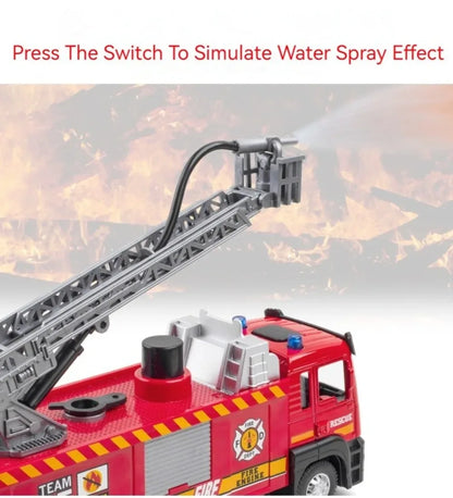 Fire Engine Model Truck 1:32 Scale with Water Spray Function - Ladder Truck Toy with Sound & Light Effects, Pull-Back Action, Opening Doors - Vehicle Collection Gift for Boys