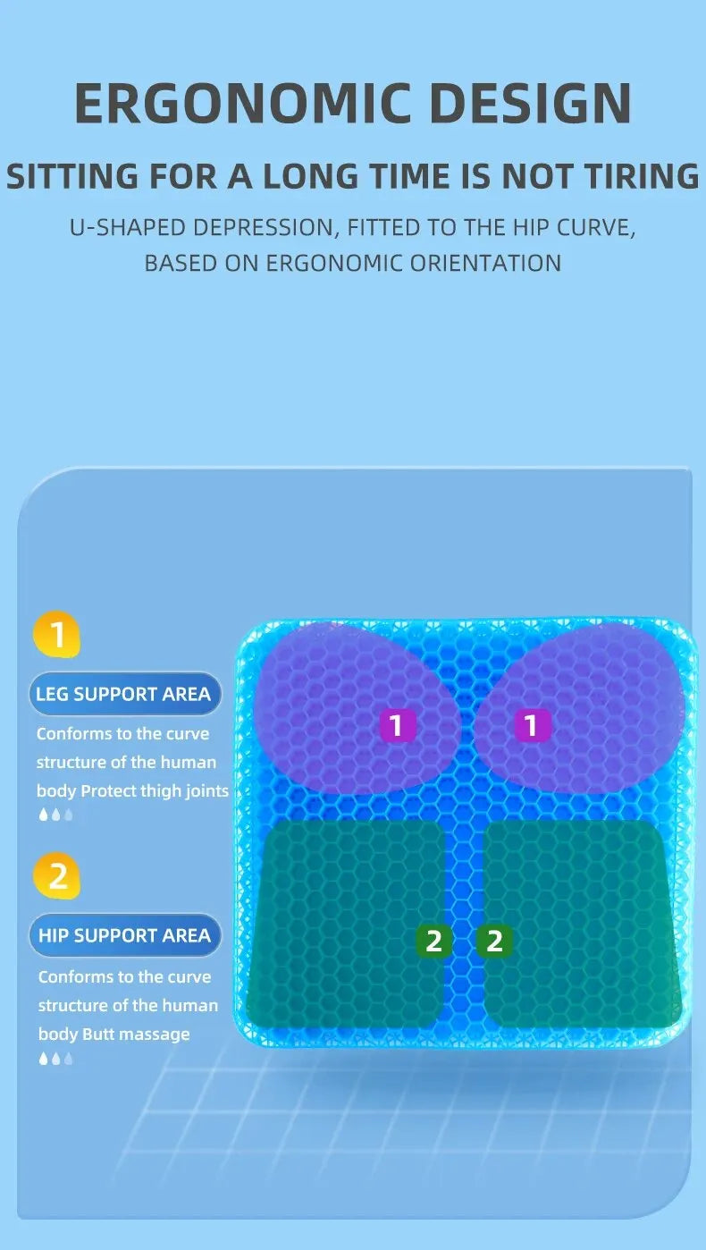 Gel Seat Cushion - Breathable Honeycomb Design for Pressure Relief, Back & Tailbone Pain - Summer Comfort for Home, Office, Wheelchair & Car