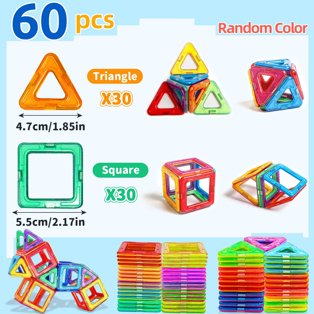 Magnetic Building Blocks Set - Medium Size 60-Piece STEM Construction Toy, Educational DIY Magnet Tiles for Learning & Creative Play