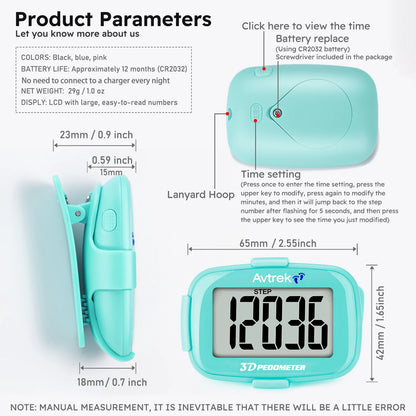 Avtrek Mini 3D Pedometer – Portable Pocket Step Counter & Digital Clock for Running, Walking & Outdoor Fitness