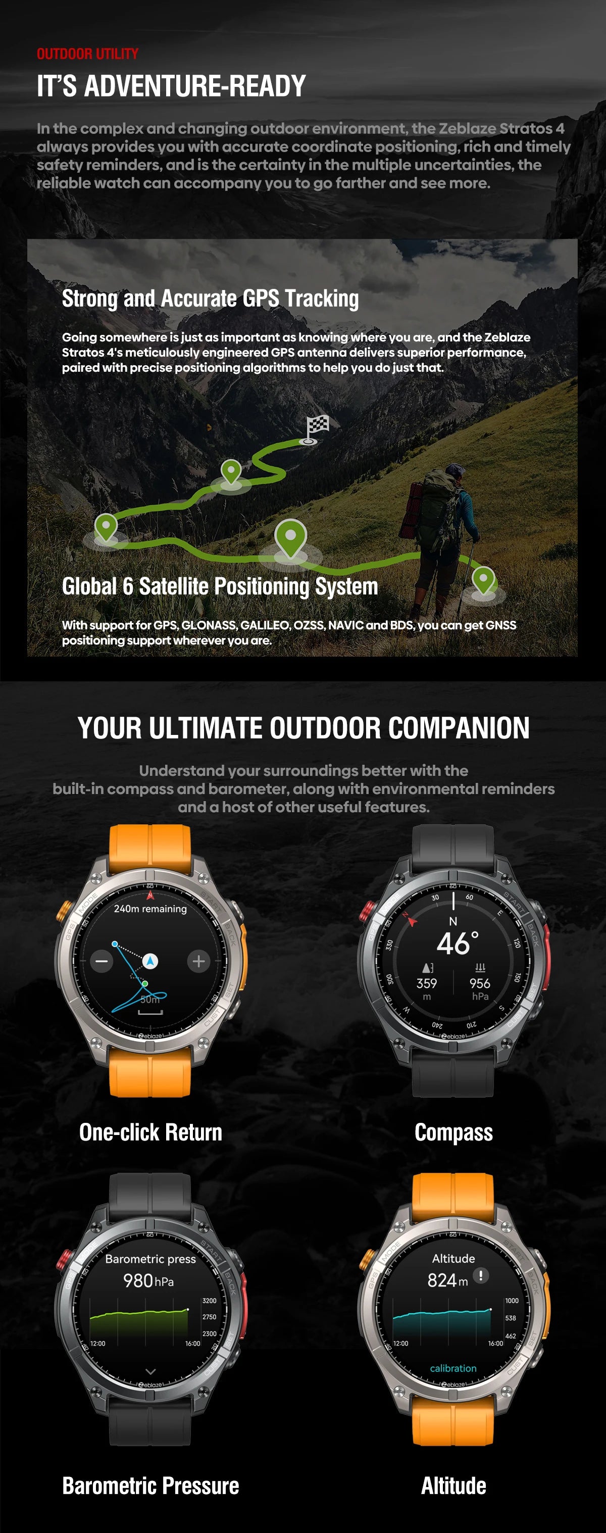 Zeblaze Stratos 4 GPS Smartwatch - 1.43'' AMOLED Screen with Compass, Barometric Altimeter, Flashlight & Voice Calling