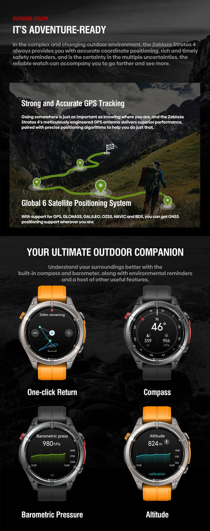 Zeblaze Stratos 4 GPS Smartwatch - 1.43'' AMOLED Screen with Compass, Barometric Altimeter, Flashlight & Voice Calling
