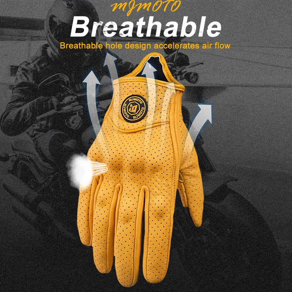 Breathable Perforated Leather Motorcycle Gloves - Retro Yellow Racing Gloves with Touch Screen for Men & Women - Motocross Motorbike Riding Gear