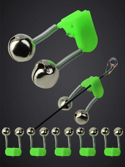 Fishing Rod Bite Alarm Set - 5 Pack Green ABS Bell Clamps with Metal Tips for Outdoor Fishing