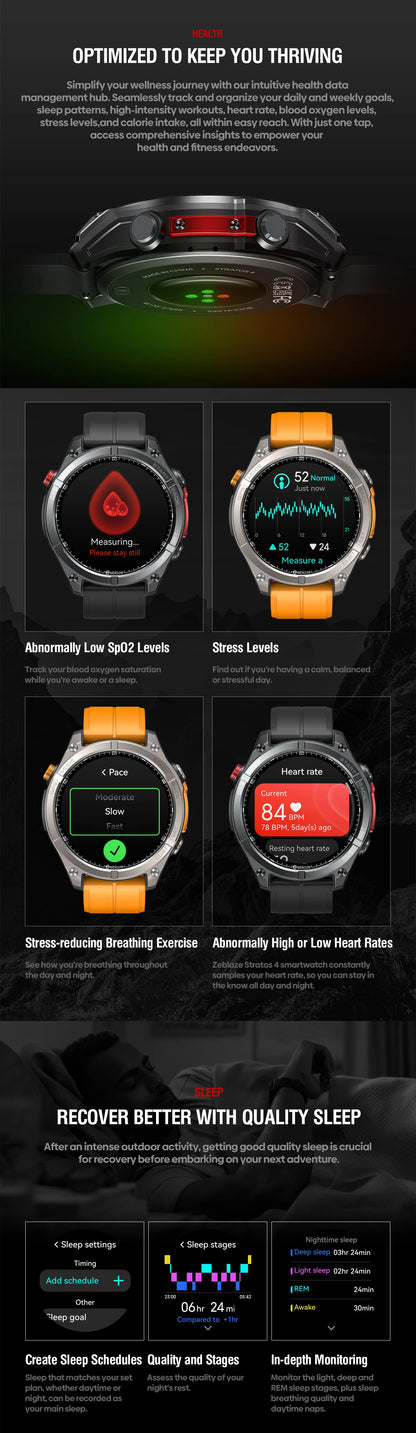 Zeblaze Stratos 4 GPS Smartwatch - 1.43'' AMOLED Screen with Compass, Barometric Altimeter, Flashlight & Voice Calling