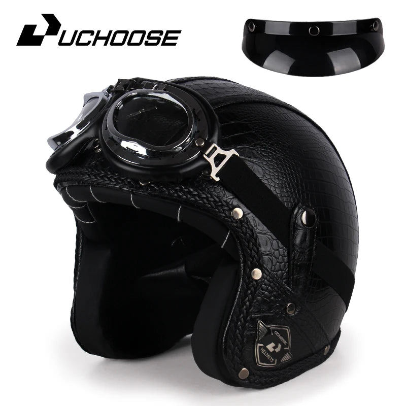 Retro Open Face 3/4 Motorcycle Helmet - Classic PU Leather Chopper & Bicycle Helmet (Vintage Style)