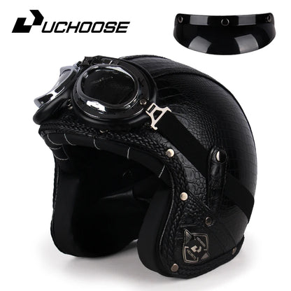 Retro Open Face 3/4 Motorcycle Helmet - Classic PU Leather Chopper & Bicycle Helmet (Vintage Style)