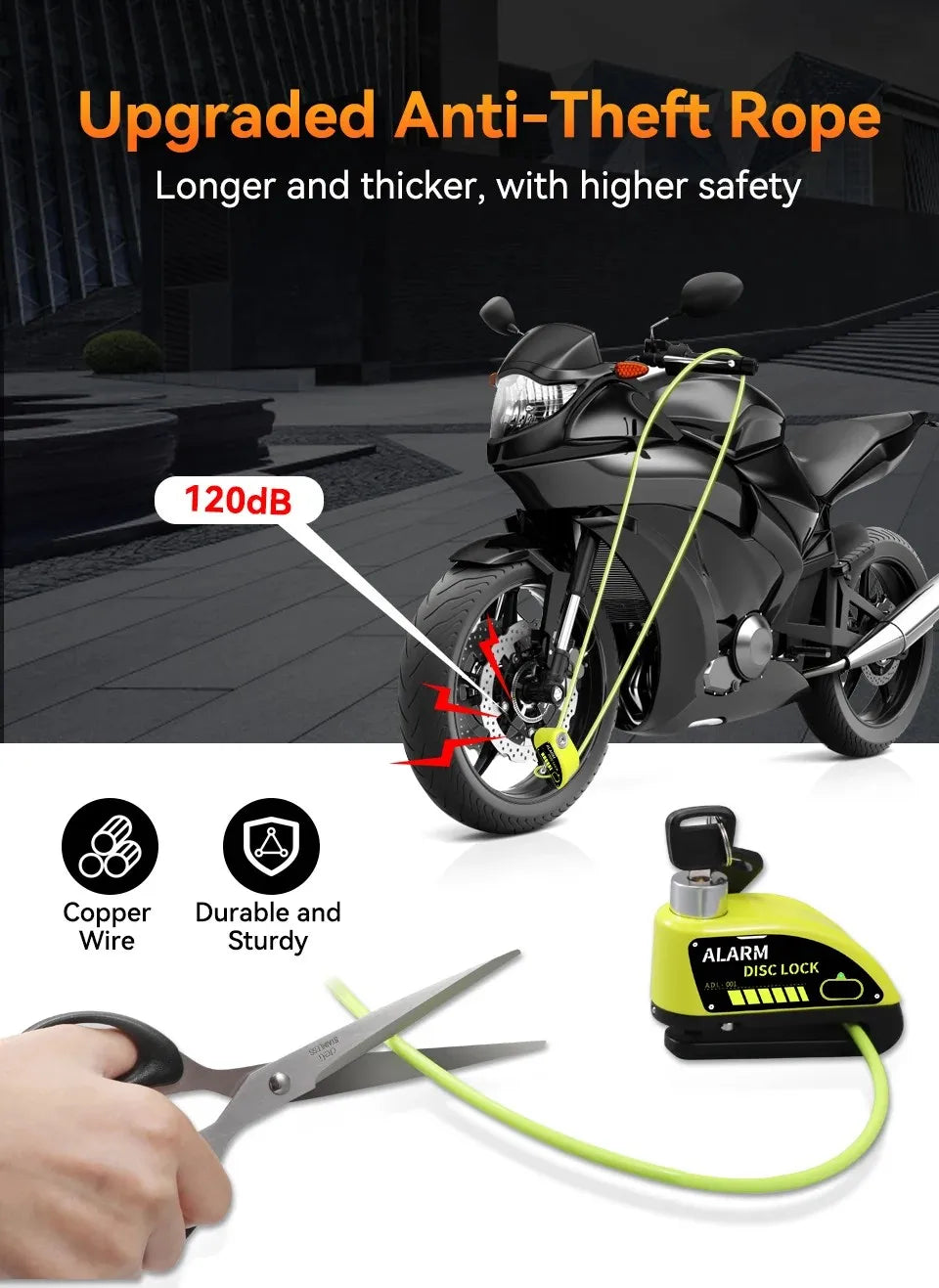 Motorcycle Disc Lock Reminder Cable - 1.2M Yellow Anti-Theft Security Alarm Spring Rope