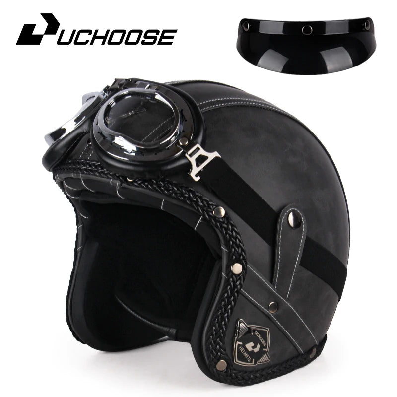 Retro Open Face 3/4 Motorcycle Helmet - Classic PU Leather Chopper & Bicycle Helmet (Vintage Style)