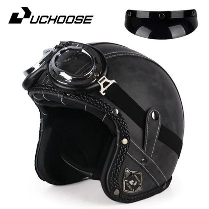 Retro Open Face 3/4 Motorcycle Helmet - Classic PU Leather Chopper & Bicycle Helmet (Vintage Style)
