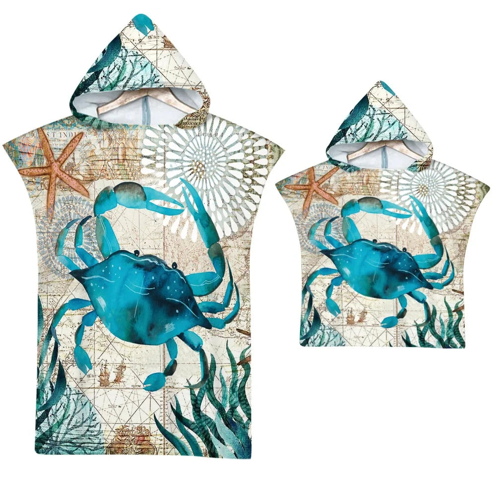 Quick-Dry Microfiber Hooded Towel Poncho with Printed Design - Beach & Water Sports Changing Robe