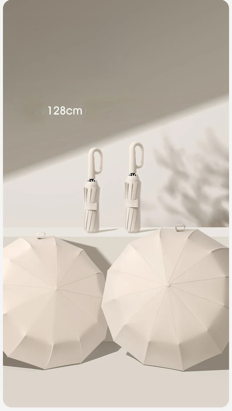 Extra Large 12-Rib Automatic Umbrella - Windproof Dual-Purpose Folding Rain & Sun Umbrella with Ring Buckle & Black Coating