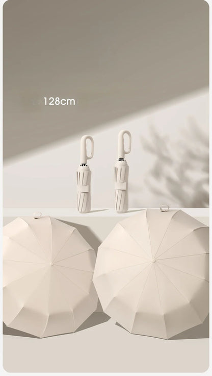 Extra Large 12-Rib Automatic Umbrella - Windproof Dual-Purpose Folding Rain & Sun Umbrella with Ring Buckle & Black Coating