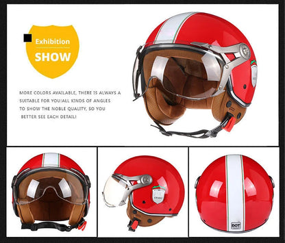 Retro 3/4 Open Face Motorcycle Helmet - Jet Style with Visor for Motorbike & Scooter Riding