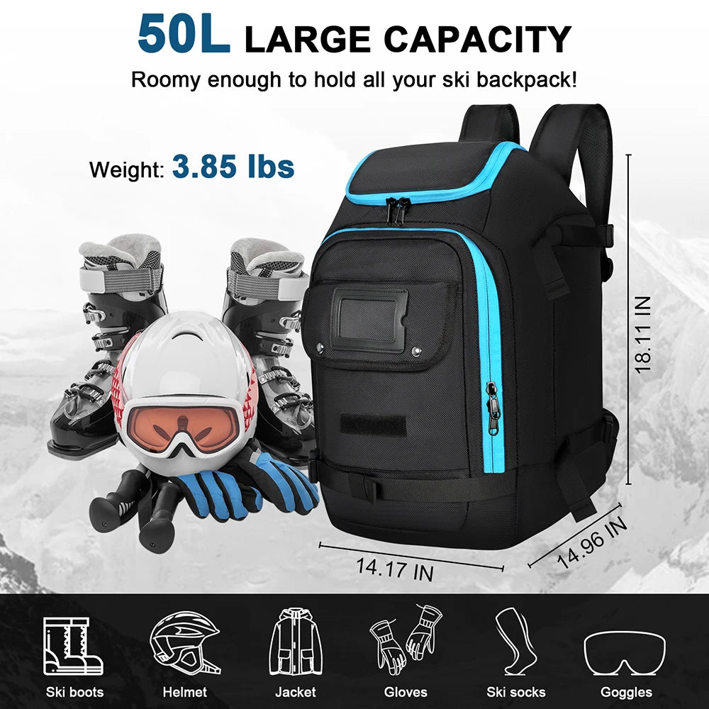 50L Waterproof Ski Boot Bag Backpack - Large Capacity with Dry Wet Separation for Snowboard Boots, Helmet, Goggles & Skis