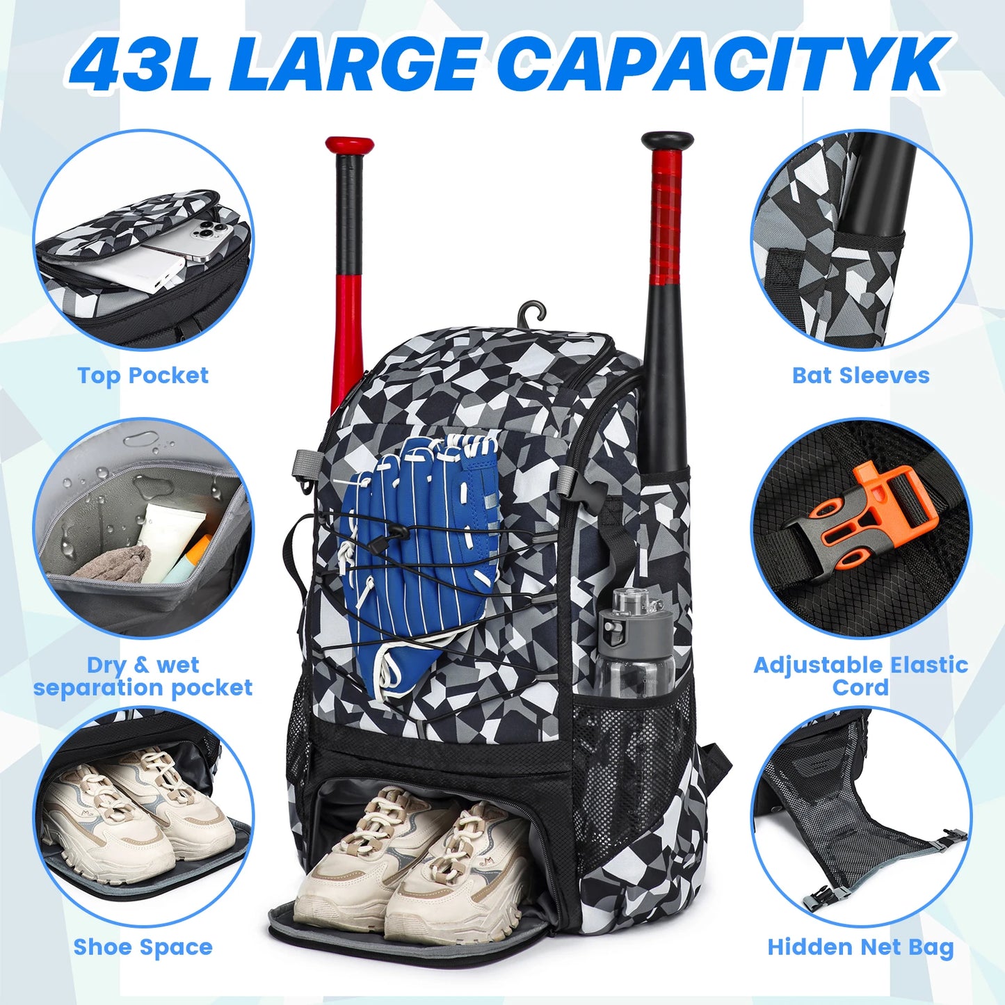Youth Baseball Softball Backpack - Large Capacity Equipment Bag with Shoe Compartment