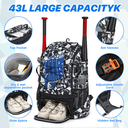 Youth Baseball Softball Backpack - Large Capacity Equipment Bag with Shoe Compartment