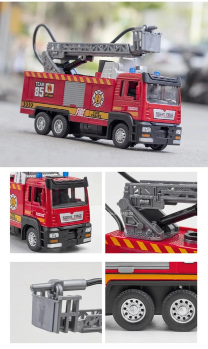 Fire Engine Model Truck 1:32 Scale with Water Spray Function - Ladder Truck Toy with Sound & Light Effects, Pull-Back Action, Opening Doors - Vehicle Collection Gift for Boys