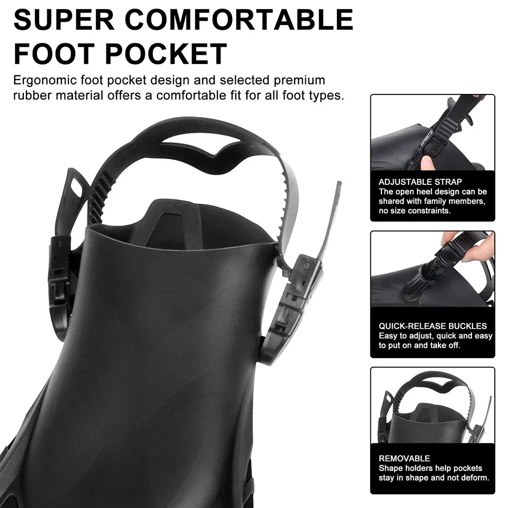 Adjustable Silicone Swimming Fins - Short Travel Diving Flippers with Open Heel Design for Adults, Youth & Kids