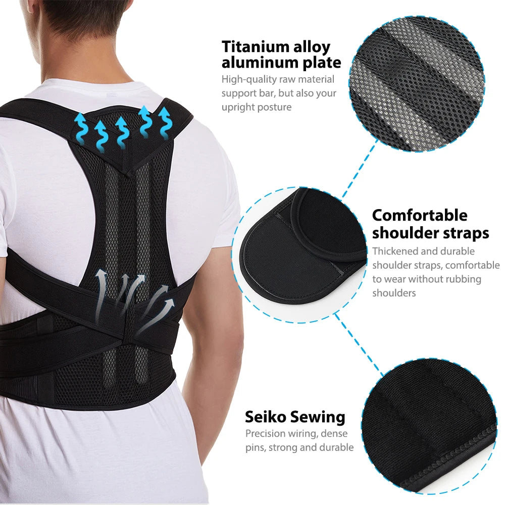 Adjustable Posture Corrector Back Brace - Lumbar Support Belt for Men & Women with Shoulder Support to Improve Scoliosis