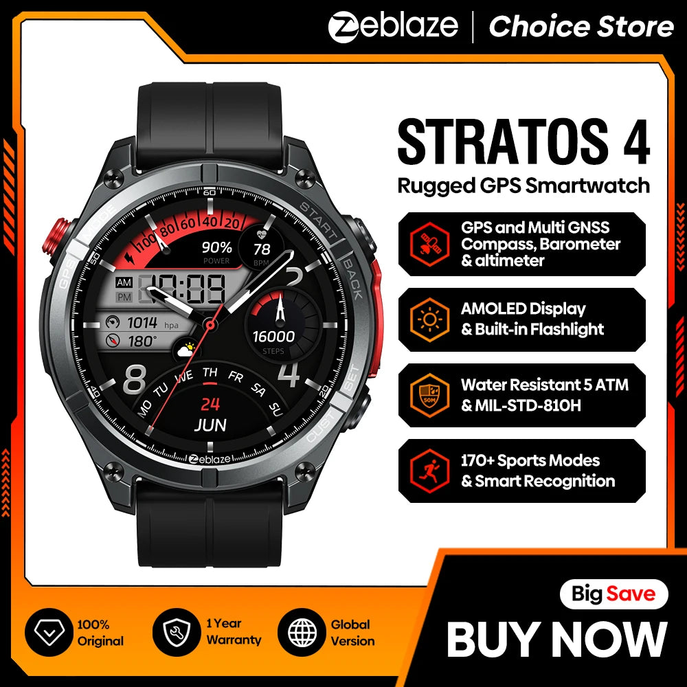 Zeblaze Stratos 4 GPS Smartwatch - 1.43'' AMOLED Screen with Compass, Barometric Altimeter, Flashlight & Voice Calling
