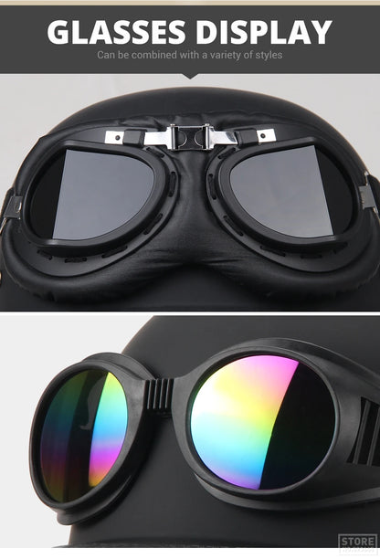 DOT Certified German Leather Vintage Half Helmet - Open Face Motorcycle Helmet for Biker Pilot (S-XXL)