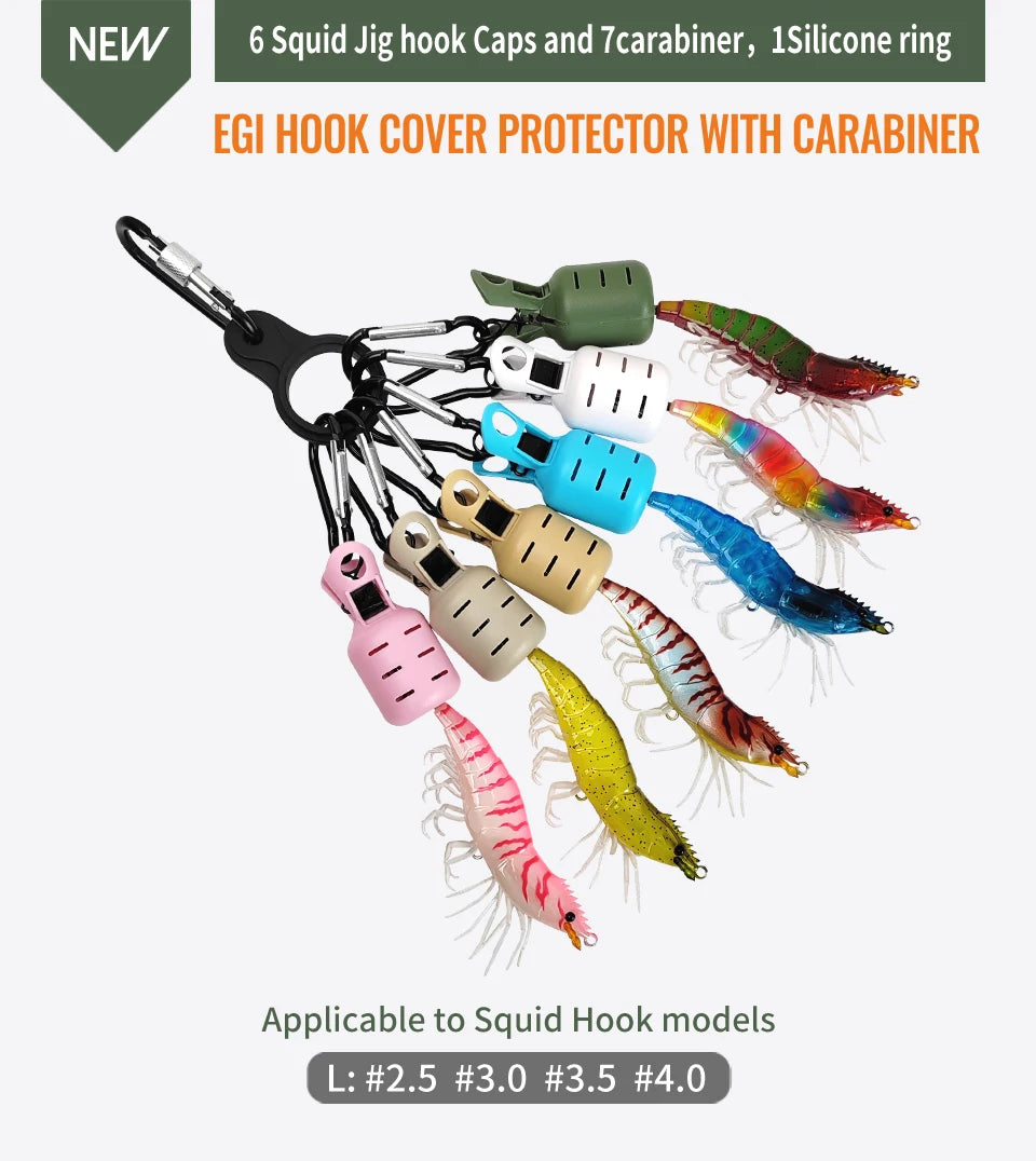 Squid Jig Bait Protector Kit - 6pcs Webfoot Octopus Egi Hook Covers with Carabiner for Cuttlefish Umbrella Lure Fishing Tackle