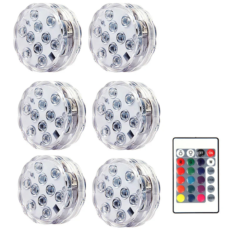 RGB LED Underwater Light - 10 LED Battery Powered Submersible Night Lamp for Swimming Pools, Gardens, Weddings & Party Decorations