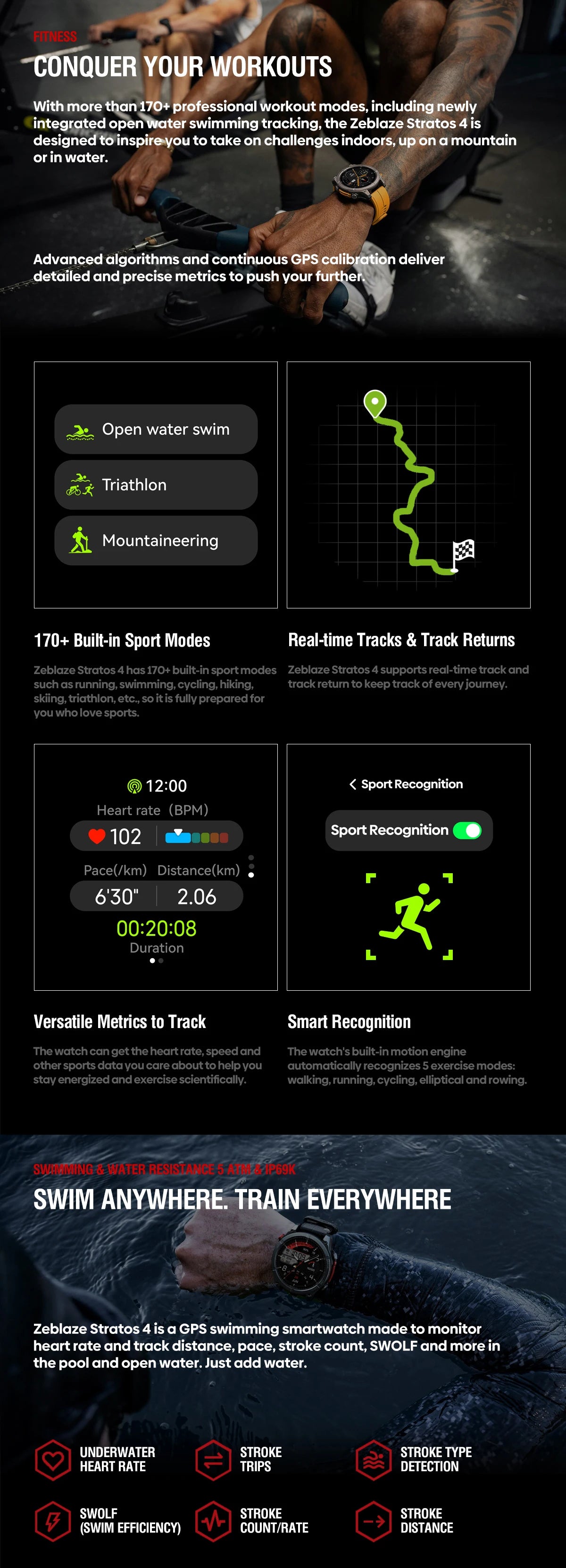 Zeblaze Stratos 4 GPS Smartwatch - 1.43'' AMOLED Screen with Compass, Barometric Altimeter, Flashlight & Voice Calling