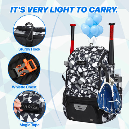 Youth Baseball Softball Backpack - Large Capacity Equipment Bag with Shoe Compartment