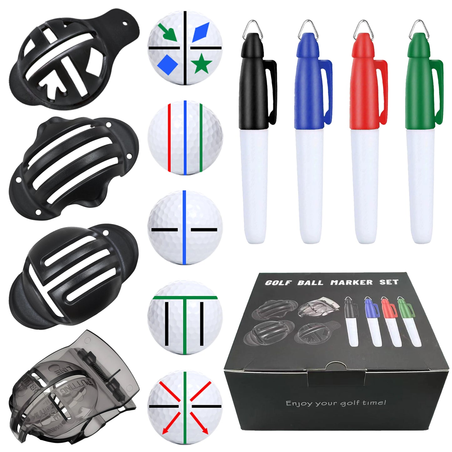 8-Pack Golf Ball Marker Kit - Professional Alignment Tool with 4 Marking Stencils & 4 Color Markers