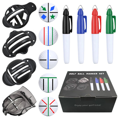8-Pack Golf Ball Marker Kit - Professional Alignment Tool with 4 Marking Stencils & 4 Color Markers