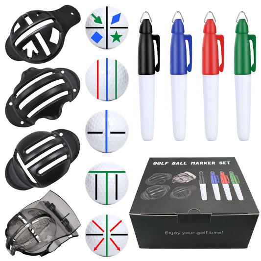 8-Pack Golf Ball Marker Kit - Professional Alignment Tool with 4 Marking Stencils & 4 Color Markers