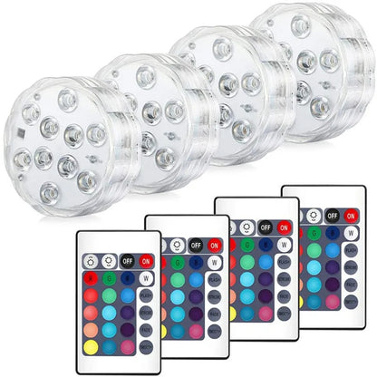 RGB LED Underwater Light - 10 LED Battery Powered Submersible Night Lamp for Swimming Pools, Gardens, Weddings & Party Decorations