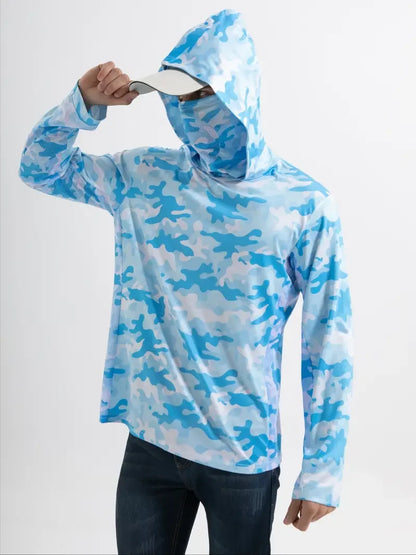 Men's Hooded Fishing Performance Jersey - UV Protection Sun Mask Hoodie for Outdoor Summer Activities
