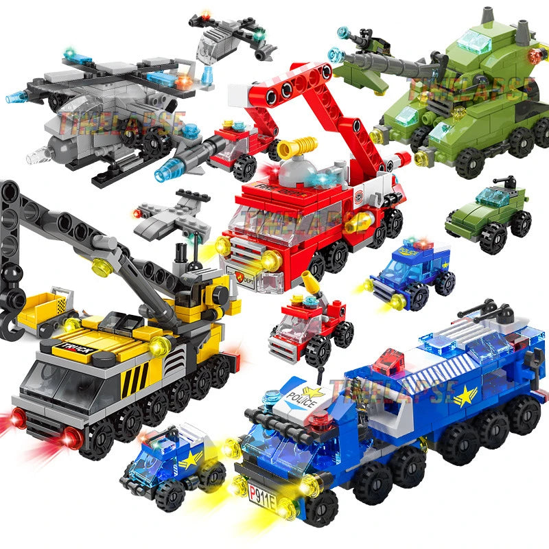 6-in-1 Emergency Vehicle Building Blocks Set - Police, Fire Truck & Construction Models (Compatible Building Bricks)