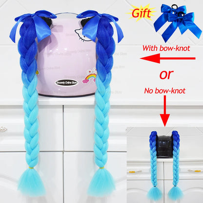 Motorcycle Helmet Braids - 2 Piece Set Women's Ponytail Wig with Suction Cup for Motorbike Helmets (164 Colors Available, Dual Pigtail Twist Style)