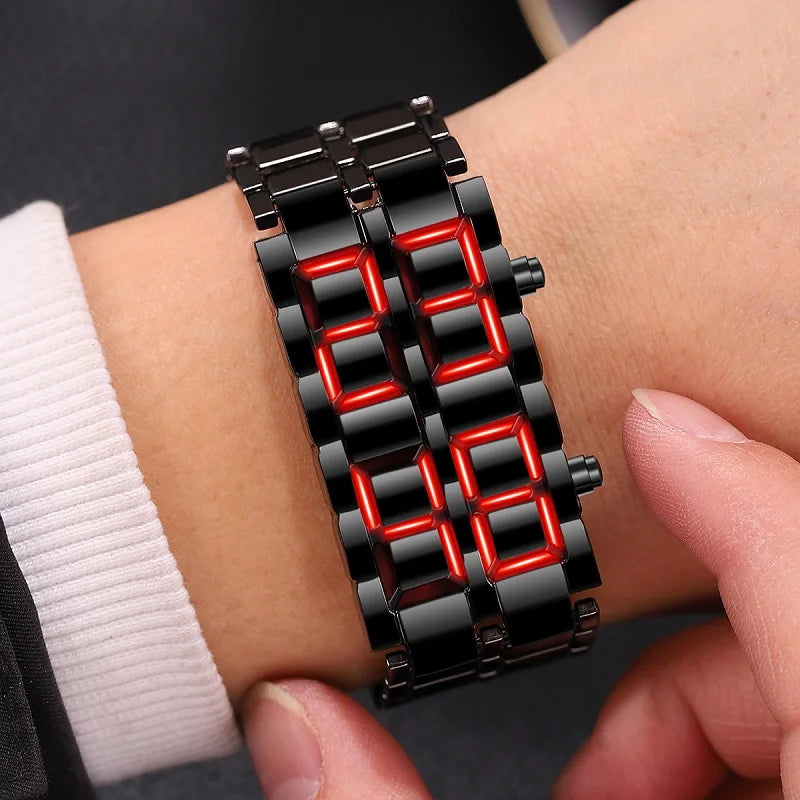 LED Digital Sports Watch - Full Metal Lava Style Wristwatch with Alarm & Calendar (Red/Blue Display)