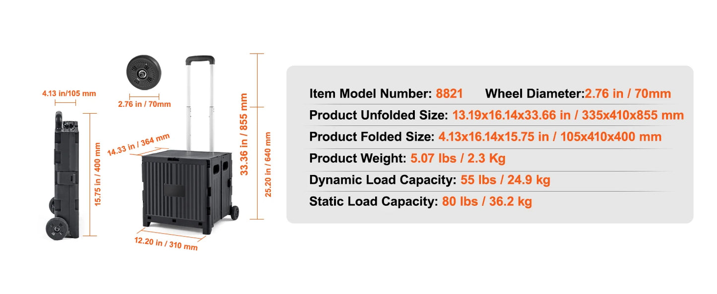 SucceBuy Foldable Utility Cart - Portable Shopping Crate with Telescopic Handle & Wheels for Travel, Office & Garden