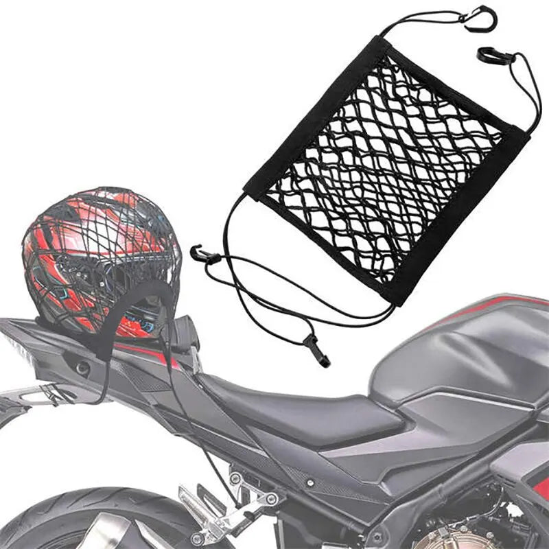 High-Elastic Double Layer Motorcycle Cargo Net - 10"x11" Bungee Net with Hooks for Helmet & Luggage Storage