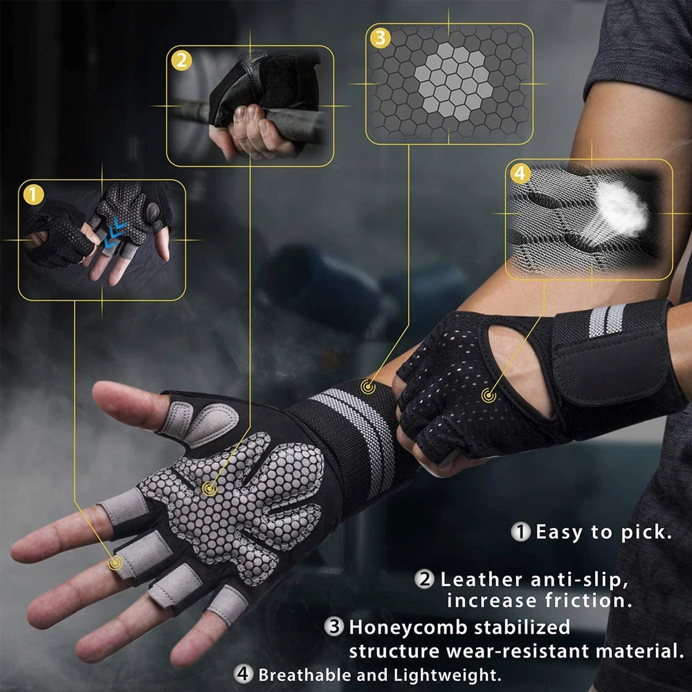 Half-Finger Workout Gloves with Wrist Support - Weight Lifting & Gym Training