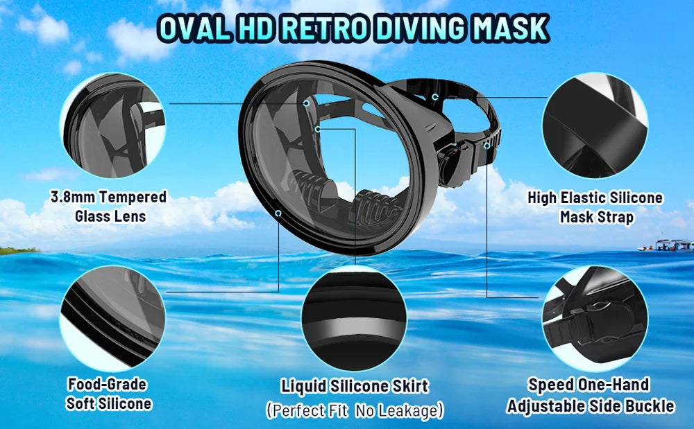 Classic Retro Oval Spearfishing Mask - Panoramic Wide View Scuba Diving Goggles with Tempered Glass Lens for Adults